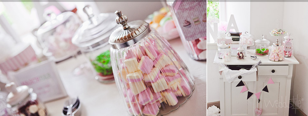 Schöne Candybar mit Zubehör-Gläsern und Schrank im Shabby Look